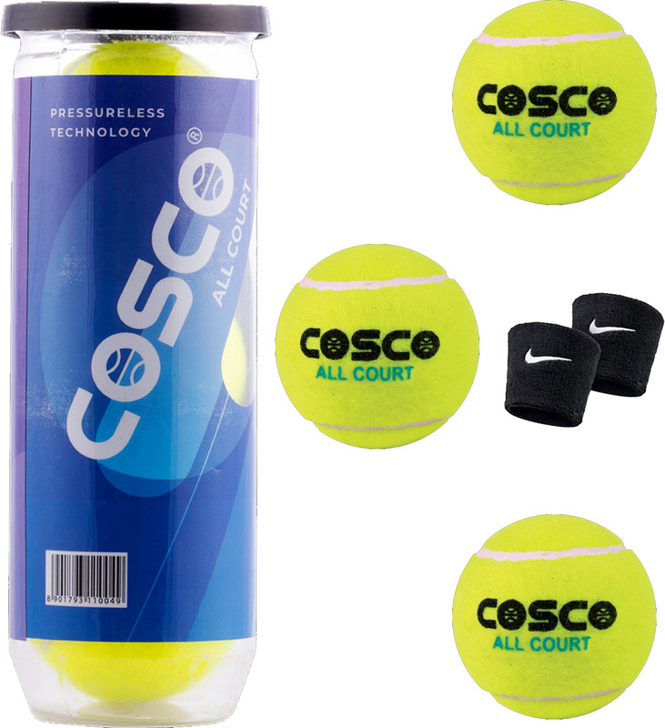 COSCO Combo of 5, 3 Tennis Balls, 2 Wrist Band Tennis Ball(Standard, Pack of 5)