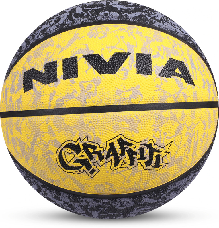 NIVIA Graffiti, 8 Panel, Rubber Moulded, Made for Beginners, Ideal for all surfaces Basketball - Size: 7(Standard, Pack of 1, Black, Yellow)