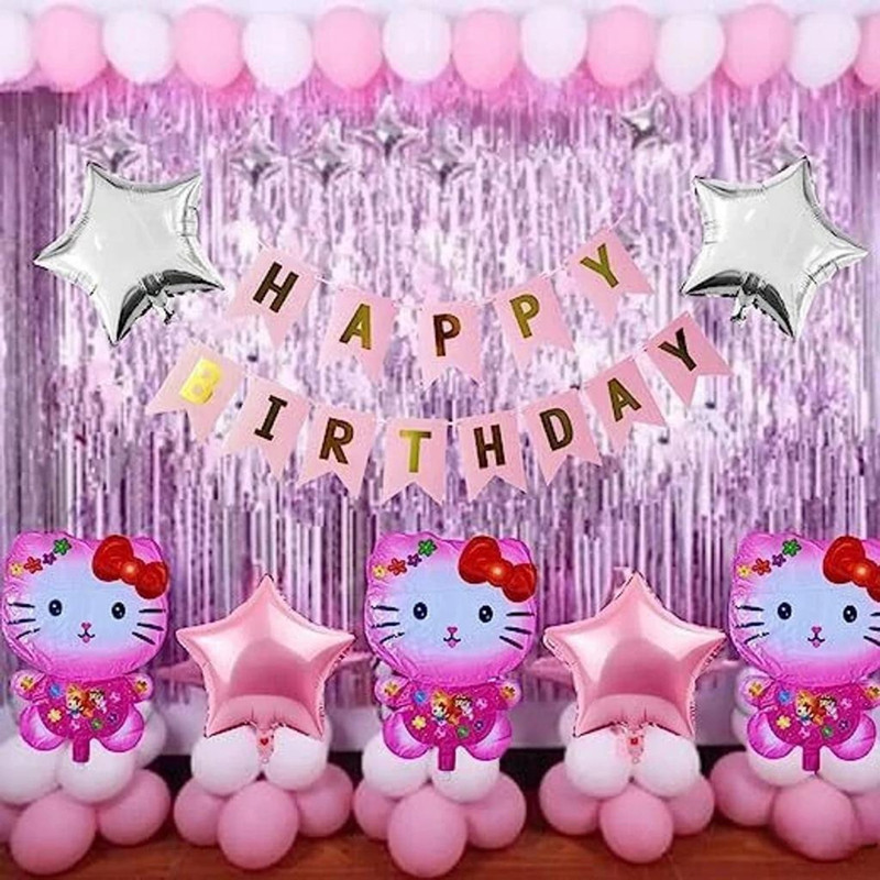 lala balloon Solid HAPPY BIRTHDAY DECORATION KITTY SET. Balloon(Pink, Pack of 43)