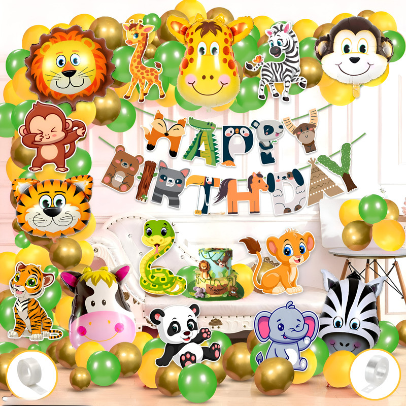 Balloon and you Solid Jungle Safari Animal Theme birthday decoration kit combo Balloon(Green, Yellow, Gold, Pack of 68)