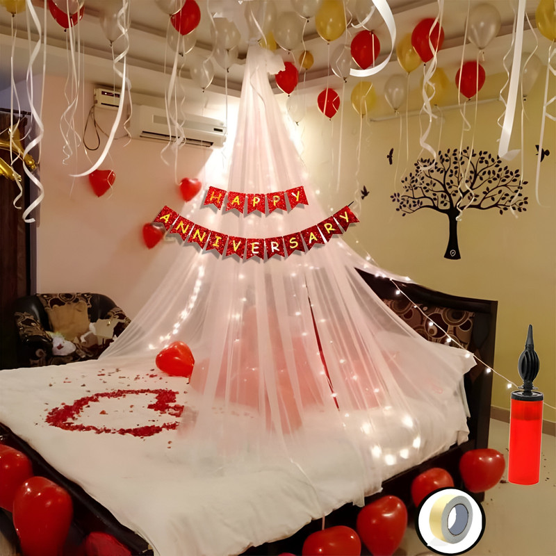 Balloon and you Solid Happy Anniversary Cabana, Net Decoration Combo With Pump & Balloon(Red, White, Gold, Pack of 38)