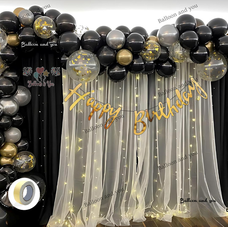 Balloon and you Solid Happy birthday decoration items combo with white net, led ight & Balloon(Gold, Black, Silver, Pack of 36)