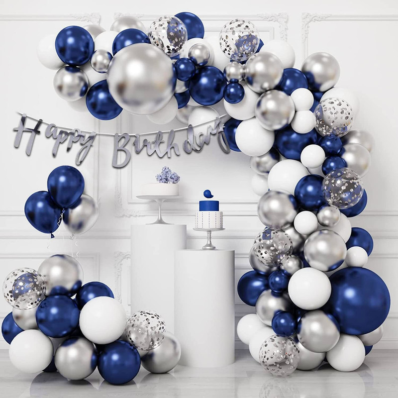ZYRIC Happy Birthday Balloons Decoration Kits With Silver, Blue and White Balloons(Set of 57)