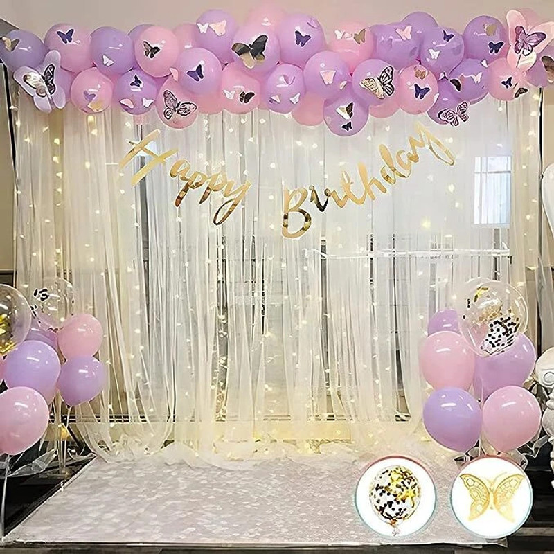 PARTY MIDLINKERZ Solid Butterfly Theme Purple Birthday Decoration item kit combo Led White Net Curtain Balloon(Multicolor, Pack of 81)