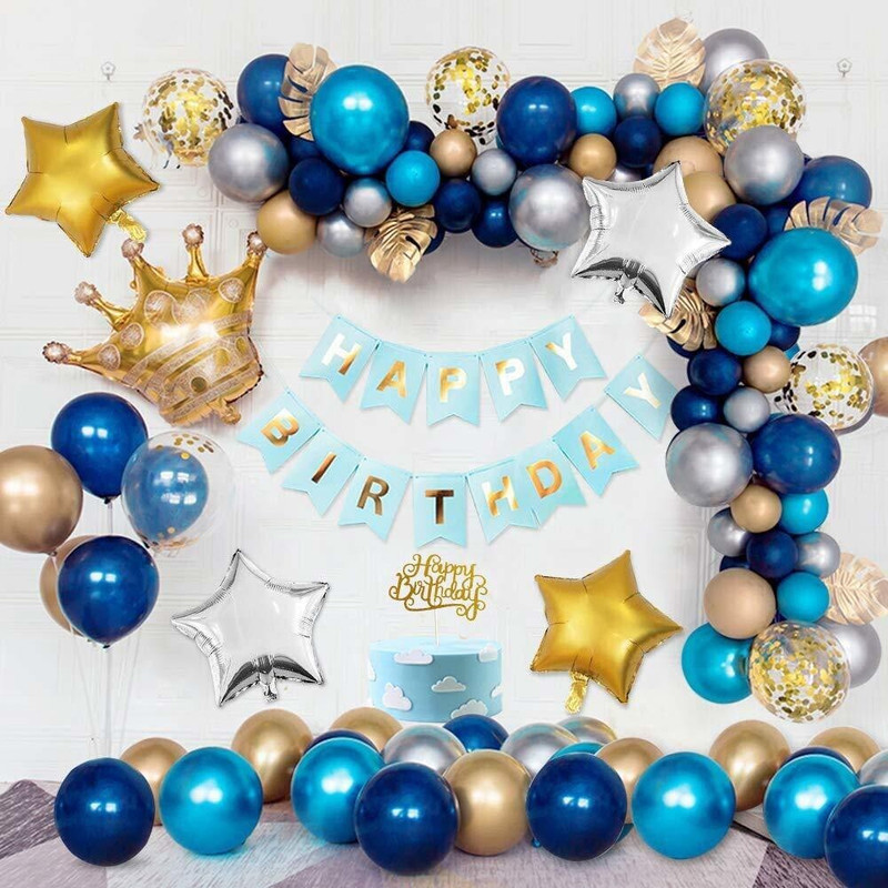 PARTY MIDLINKERZ Blue Happy Birthday Decoration Combo - 59pcs Boys Set Banner, Balloon,Crown(Set of 59)