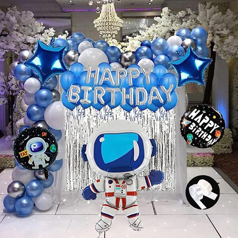groovy dudz Solid Space Theme Birthday Decoration for Boys Girls Kids Balloon(Blue, Silver, White, Pack of 56)