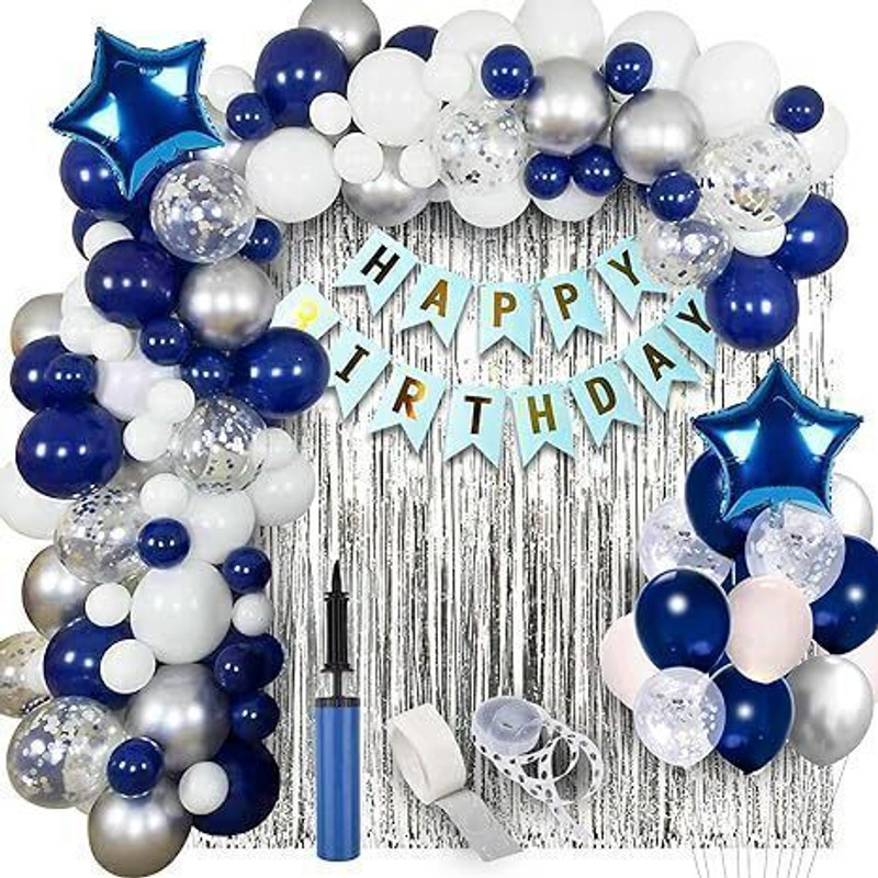 krido Solid Birthday Decoration Items for Boy-Pack of 62,Blue with Confetti Balloons Letter Balloon(Blue, White, Pack of 62)