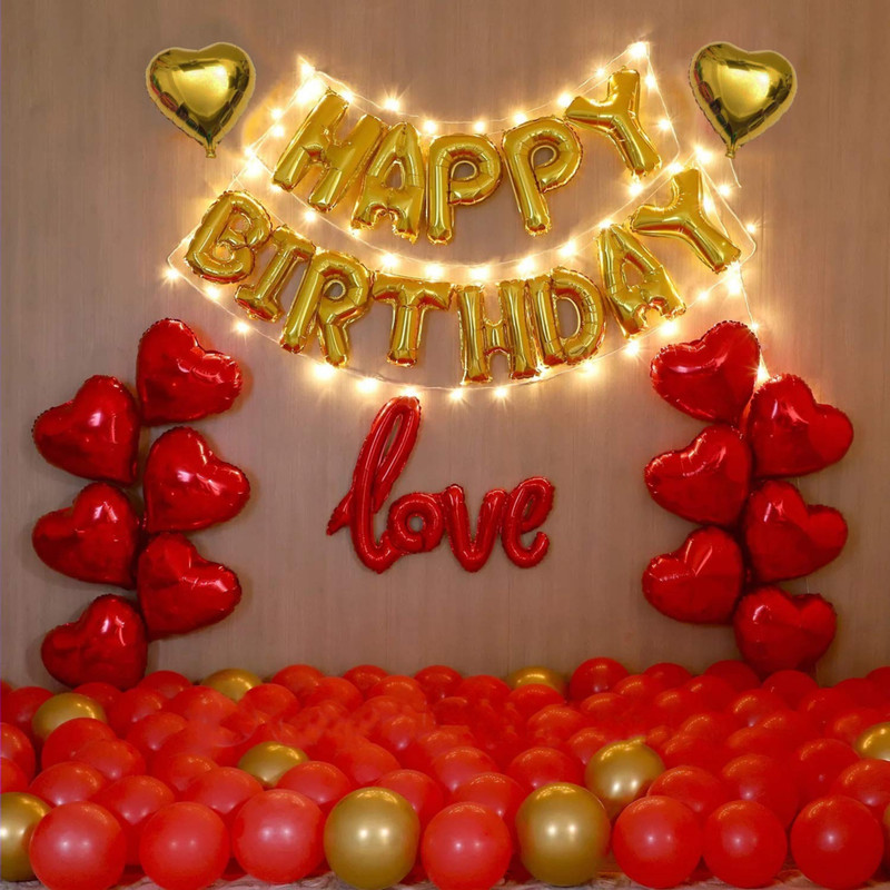 Magic Balloons Solid Elegant Happy Birthday Balloons for Decoration Kit - 57pc with LED Lights - 12pc Heart, 1pc Happy Birthday, 1pc Love Foil Letters, 2pc Golden Heart, 57 units Balloon(Red, Gold, Pack of 57)