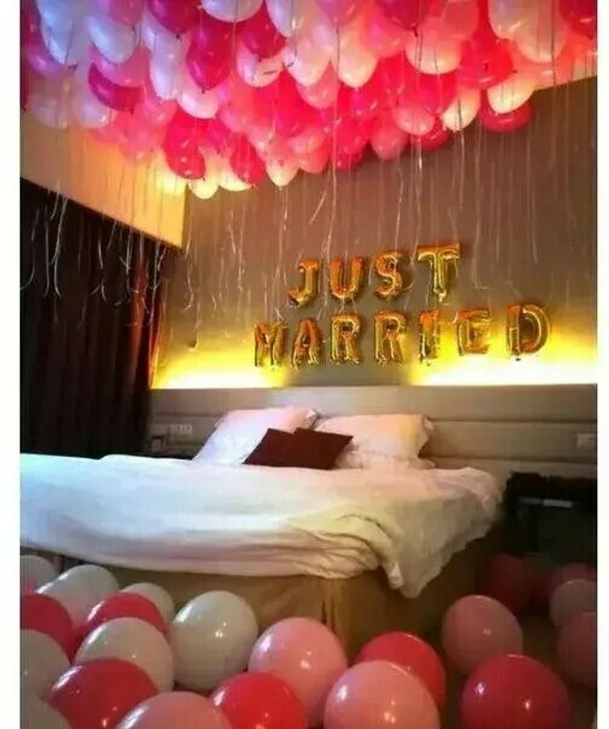 Naveen Solid DECORATION JUST MARRIED FOIL METALLIC BALLOON (RED , PINK , WHITE) SILVER RIBBON Balloon(Red, Pack of 87)