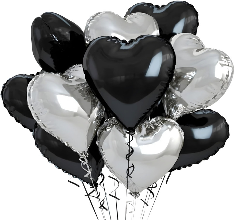 ZAMBOOREE Solid Heart Foil Balloon Decoration Kit for Valentine Night Balloon(Black, Silver, Pack of 10)