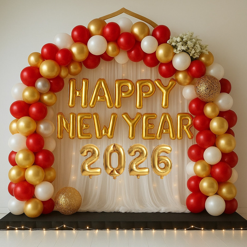 PARTY BOX Red, Golden, White Happy New Year Letter Golden Foil Balloons