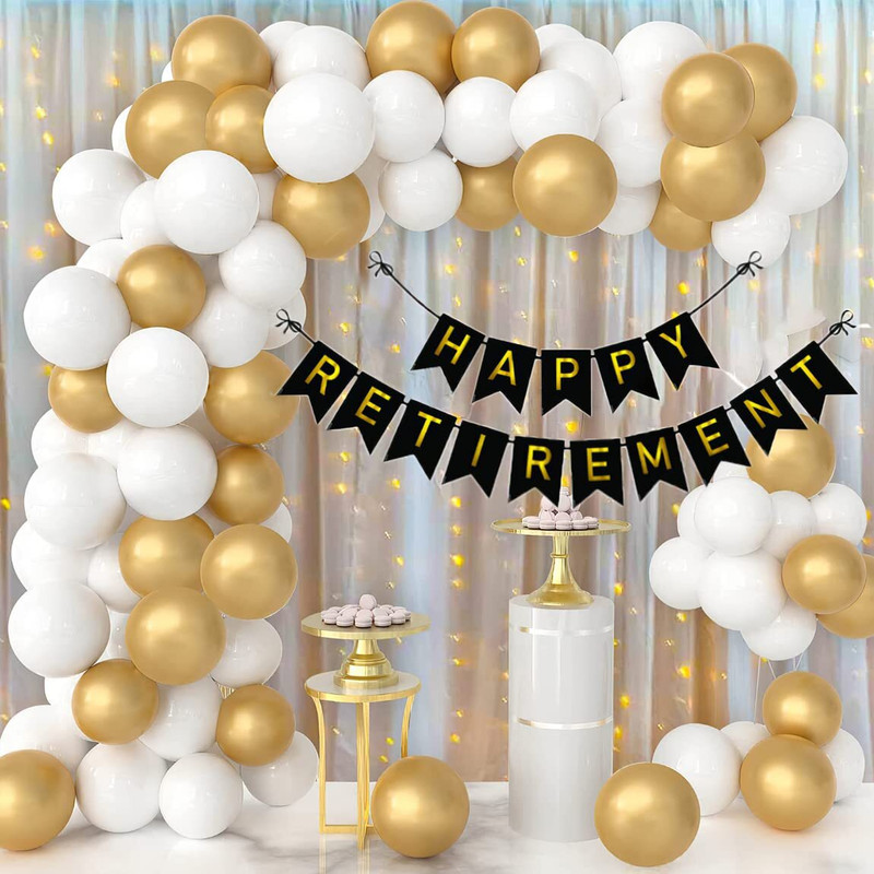 Kapoor stores Solid Retirement Party Decorations with Banner for Women & Men, Gold and White Balloon(Multicolor, Pack of 64)