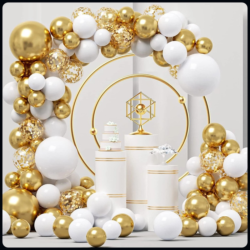 R G ACCESSORIES Solid White Golden Balloons Garland Decoration Kit With Arch Pack Of 60-A Balloon(White, White, Pack of 60)