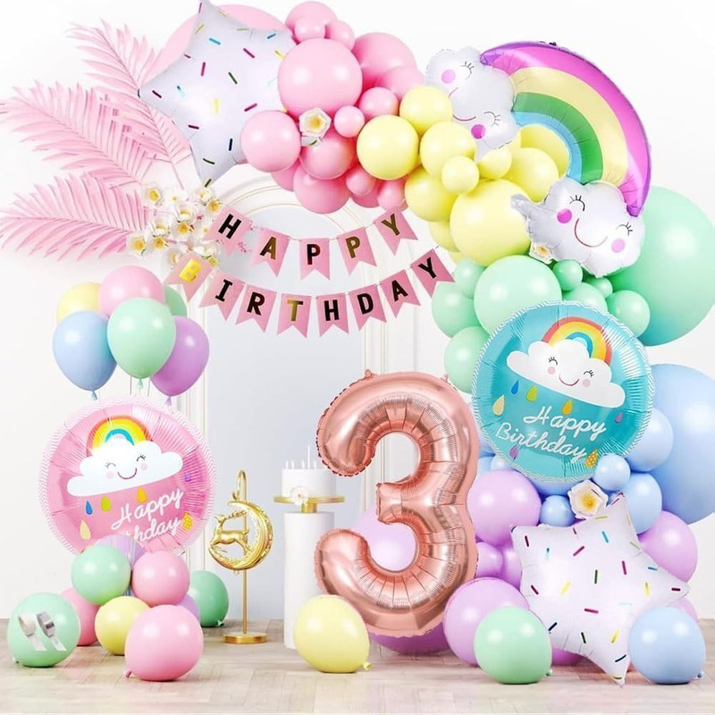 PopTheParty Printed Rainbow Cloud Theme Third Birthday Pastel Balloons Decoration Kit For Baby Balloon(Multicolor, Pack of 60)