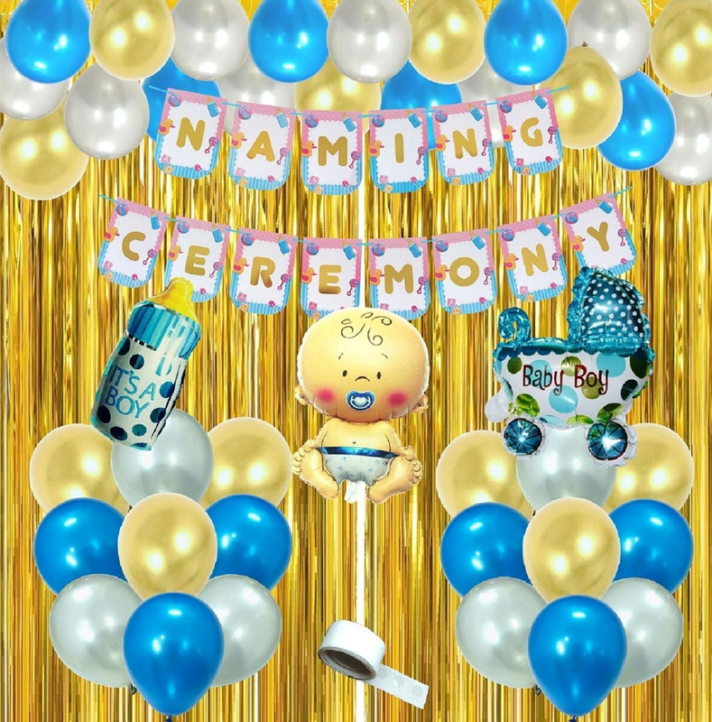 Agk Printed Naming Ceremony Decorations Balloon For Baby Boy, Naming Ceremony Banner Set Balloon(Blue, Gold, Pack of 37)