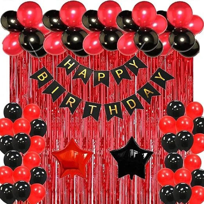 PARTY MIDLINKERZ Solid Red Theme Birthday Decoration items kit combo for Kids & Adult with Star Balloon(Red, Black, Pack of 35)