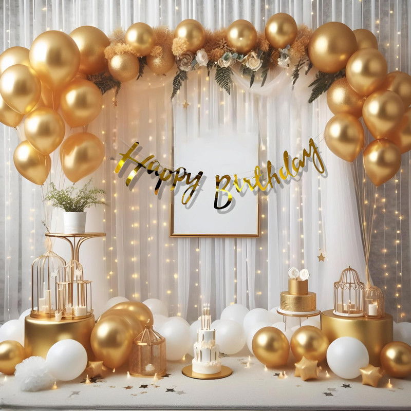 Balloon and you Solid Happy Birthday Decoration Kit Combo For Boy Girl Husband Wife Balloon(Gold, White, Pack of 36)