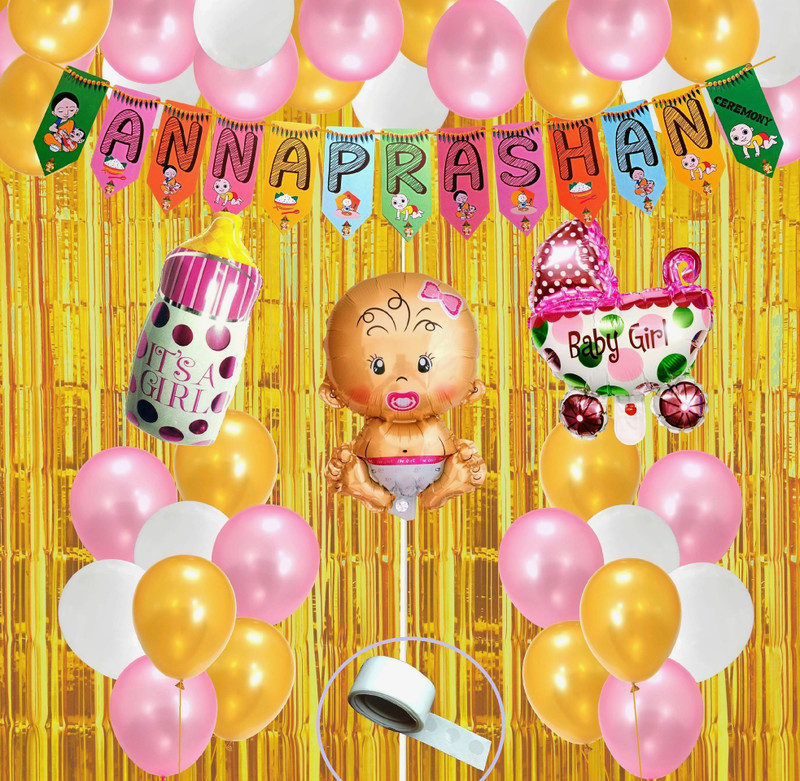 Agk Printed Annaprashan Decoration Item Balloon Kit For Baby Girl, Rice Ceremony Decoration Balloon(Multicolor, Pack of 37)