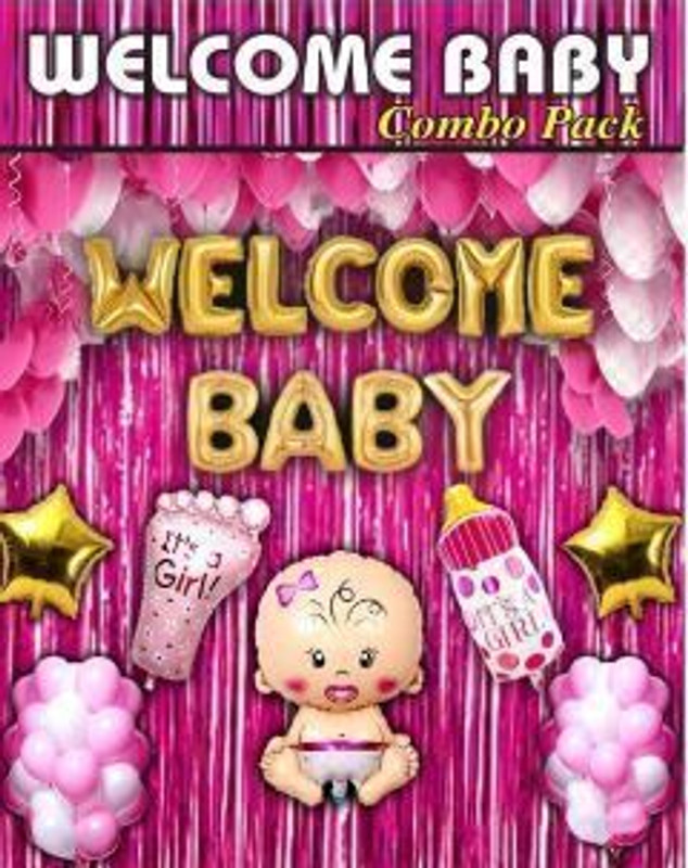 MAANAAS Solid Welcome Baby Girl Foil With 2 pink curtain,1 Bottle,1 Foot and 2 Gold star, 30 Balloon(Pink, White, Pack of 48)