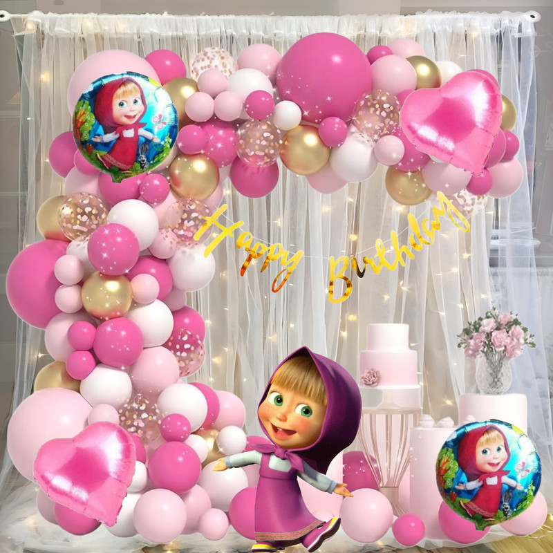 ANILOONS Printed Masha Birthday Party Decoration Set, Pink and Gold Balloon Garland Balloon(Pink, Pack of 77)