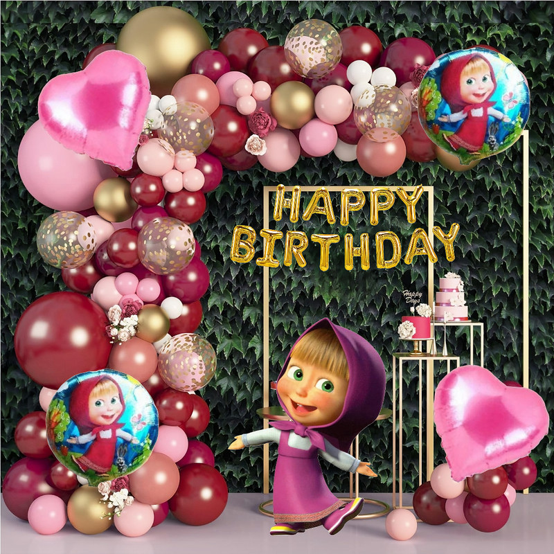 ANILOONS Burgundy Masha Birthday Party Decoration Set.(Set of 73)