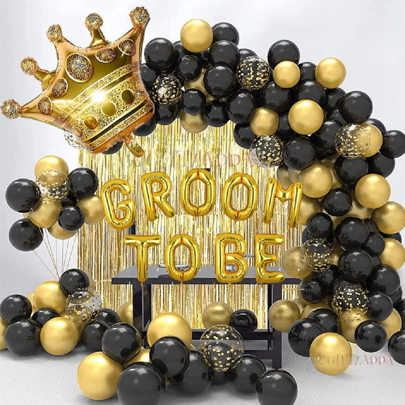 Giftzadda Printed "Groom to be" Golden Black Theme Crown Foil Balloon Decoration Kit Letter Balloon(Black, Gold, Pack of 47)