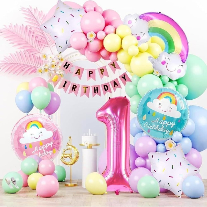 PopTheParty Printed Rainbow Cloud Theme First Birthday Pastel Balloons Decoration Kit For Baby Balloon Bouquet(Multicolor, Pack of 60)