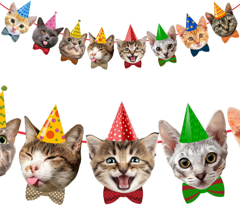 ZYOZI Cat Birthday Banner,Cat Face Party Banner,Kitty Cat Theme Bunting Decoration Banner(5 ft, Pack of 1)