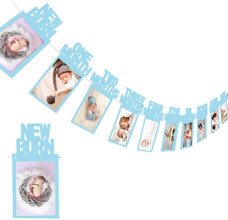AMFIN New Born 1st Birthday Baby Photo Banner Blue / Growth Record 1-12 Months / Monthly Milestone Photo Bunting Wreath, First Birthday Party Decoration Banner(20 ft, Pack of 1)