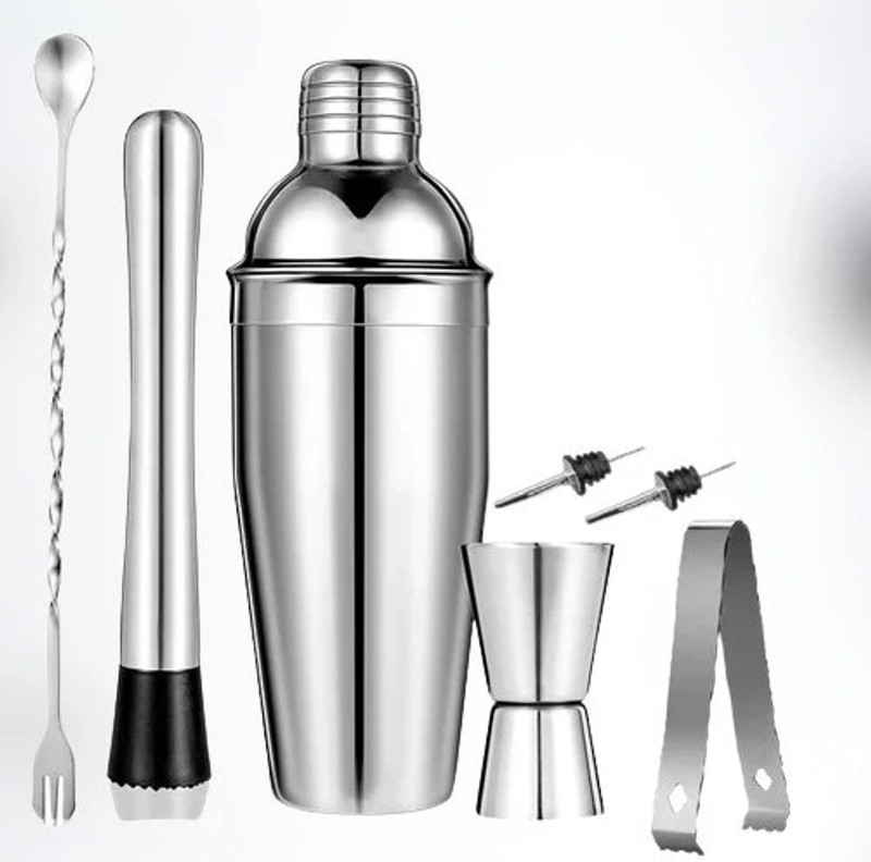 BARDECOR cocktail shaker 750ml,muddler,jigger,tong,spoon fork,pourer 2pcs 7 - Piece Bar Set(Stainless Steel)