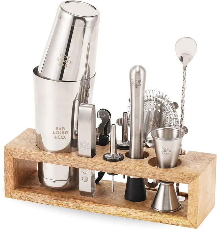Bablouie BarKit with Wooden Stand Cocktail Shaker Set for Drinks Set of 10 10 - Piece Bar Set(Stainless Steel)