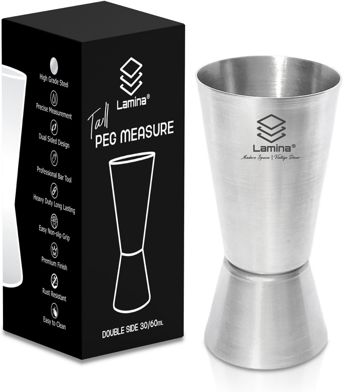LAMINA Tall Peg Measure 30/60 ml Double-Sided Cocktail Jigger for Bars, Home & Hotels. 1 - Piece Bar Set(Stainless Steel)