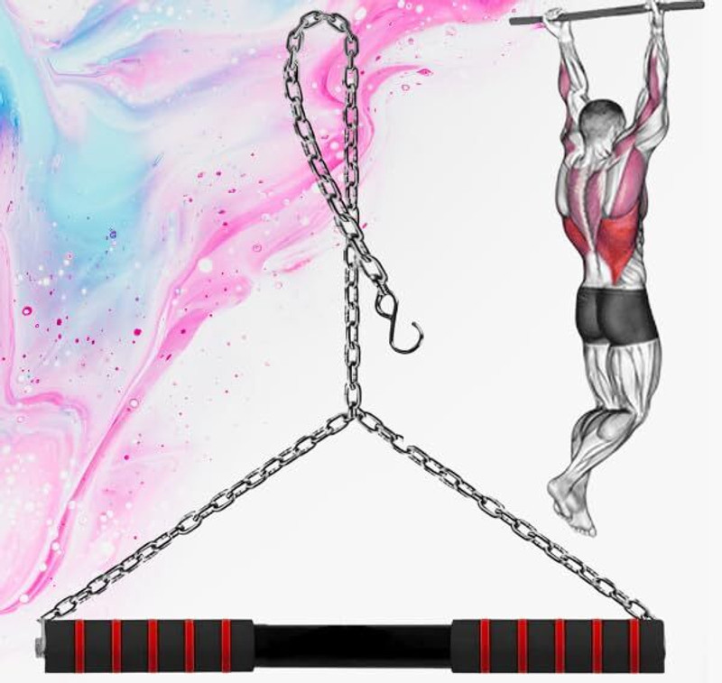 GRYPP Heavy-Duty Pull-Up Bar with Chain – 4 ft, Non-Slip Foam Grip Chin-up Bar(Red)