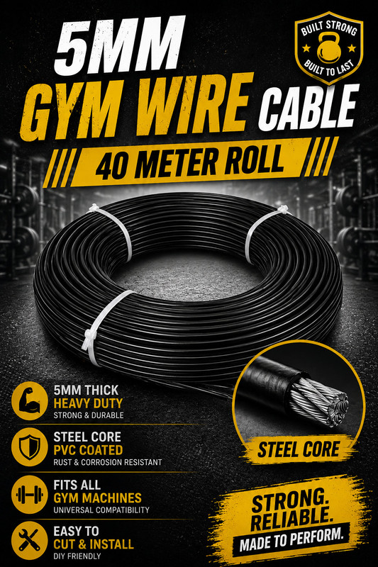 AtNSports 5MM PVC Coated Steel Core Gym Cable Wire Roll for Gym Machines M Multi-training Bar(Black)