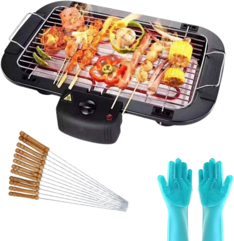 Rexmon Portable Electric BBQ for Indoor/Outdoor use with 12 Skewers & 2 oi brushes Electric Grill