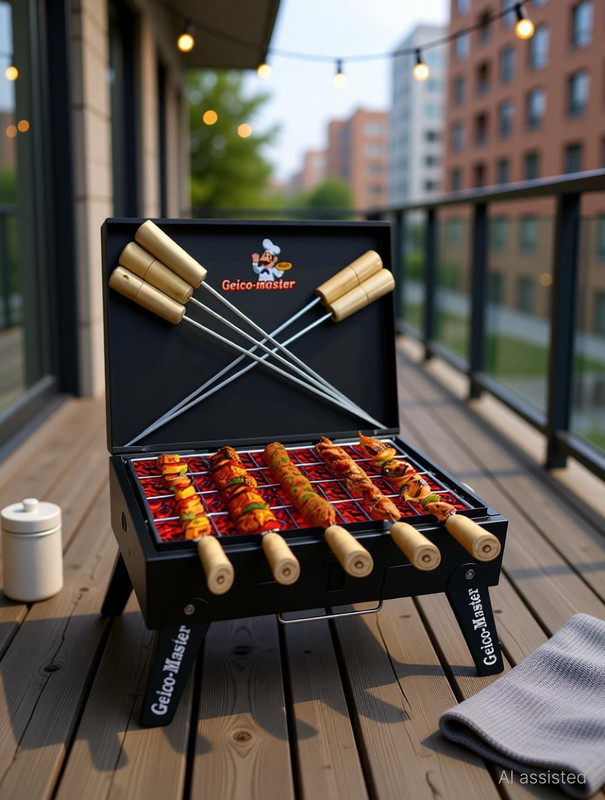 Geico master BriefcaseStyleFoldingCompactPicnicBarbequeGrill,Tandoorwith5Skewer with 5 Skewer Charcoal Grill(Portable, Foldable)