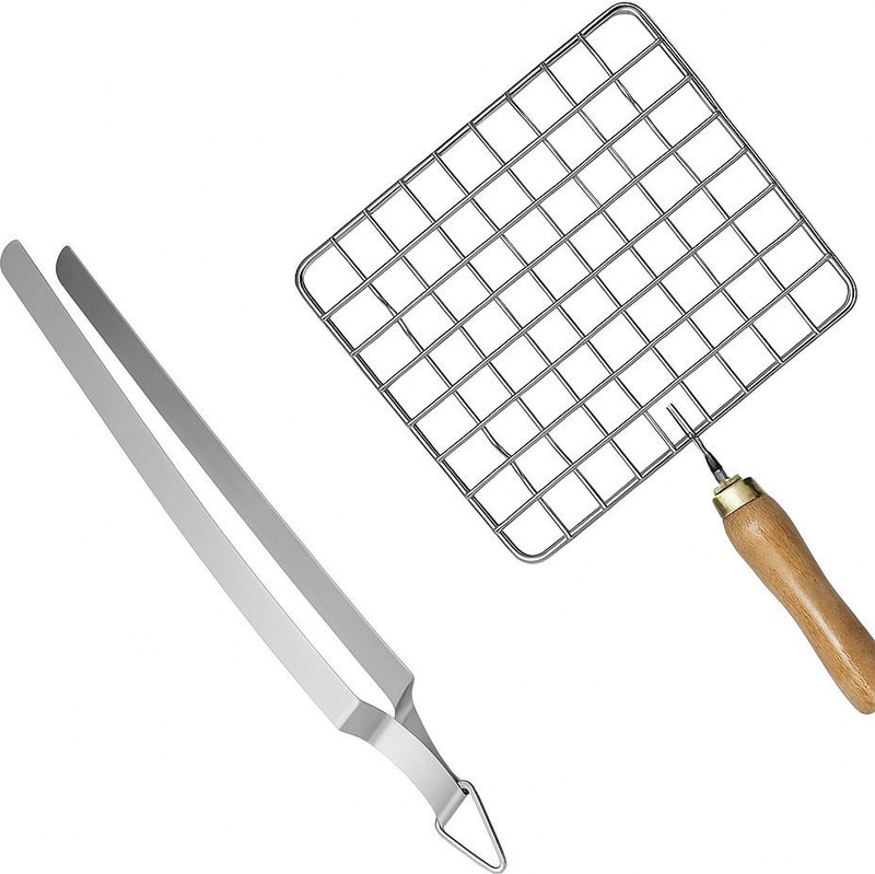 YAADGAR INDIA Stainless Steel Roaster Tandoor Paneer Roti Roaster Net Jali Papad Jali Barbecue Grill with Wooden Handle,stainsteel Chimta (Square set of 2) 1 kg Roaster (Silver) Gas Grill(Portable)