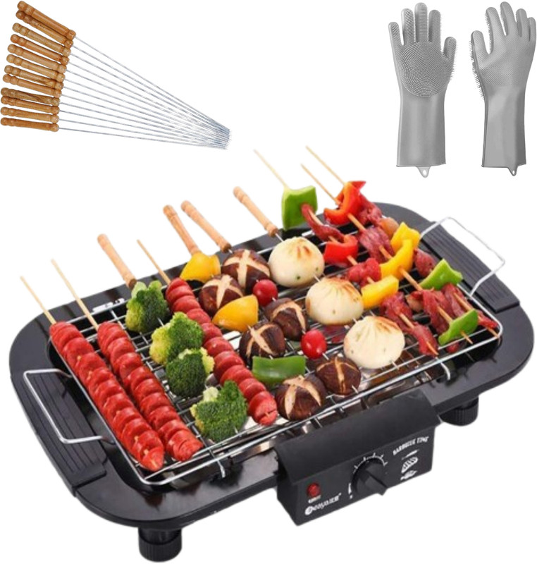 GrillHaven Electric BBQ for Indoor/Outdoor use with Silicon Gloves & 12 Wooden Handle Sticks Electric Grill