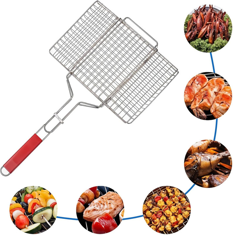 diyaansh BBQ Grill Net Basket Roast Grilling Tray Plated with Wooden Handle 1.4 kg Roaster(Steel)