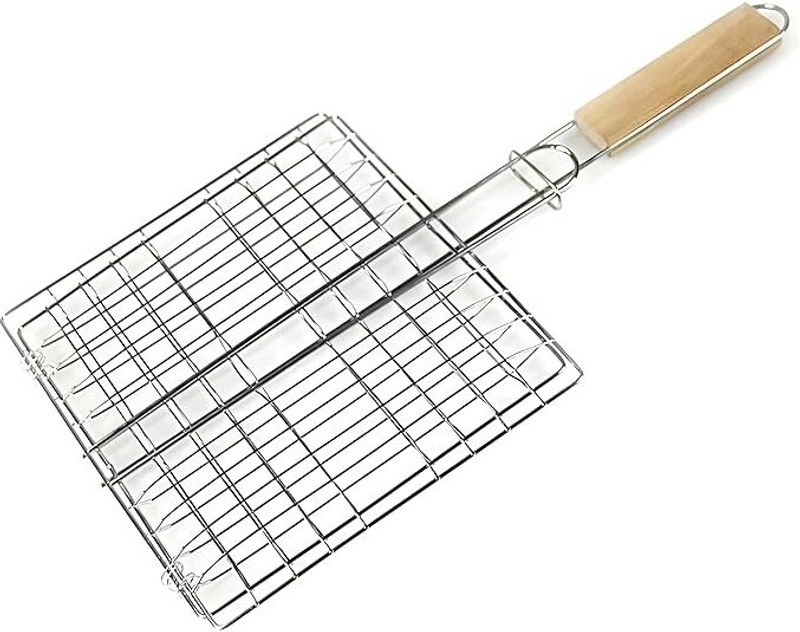 Anadhar Stainless Steel BBQ Grill Frying Pan | Rectangular | Wooden Handle with 0 Skewer Charcoal Grill(Portable, Foldable)