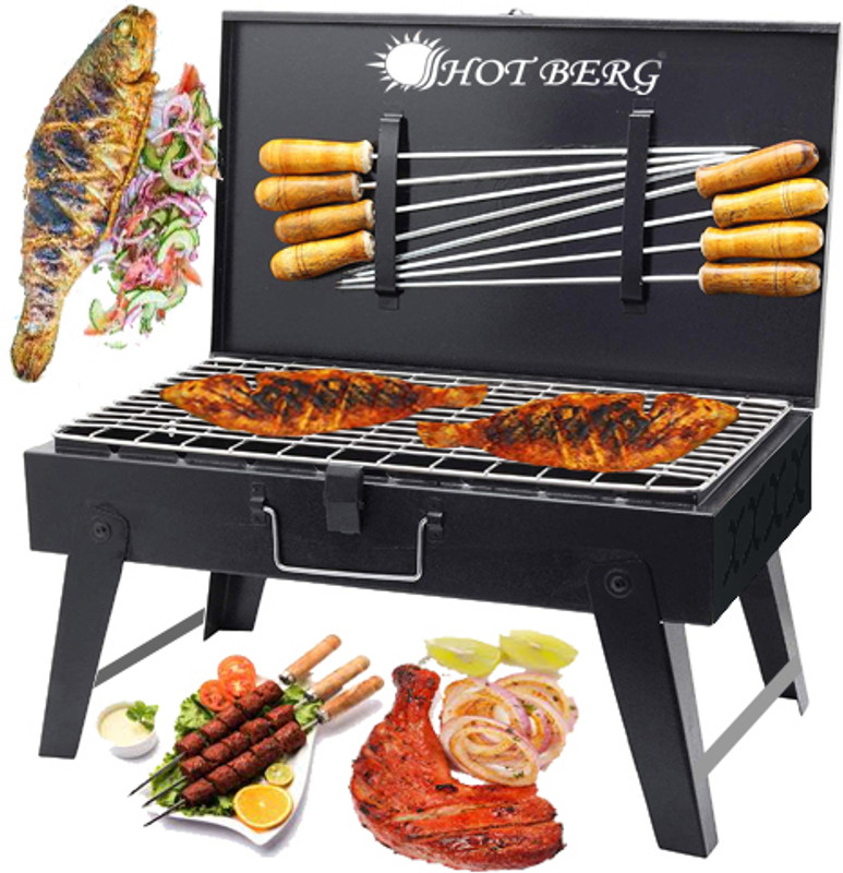 HOT BERG BriefcaseStyleFoldingCompactPicnicBBQGrill,Tandoorwith8Skewer Charcoal Grill