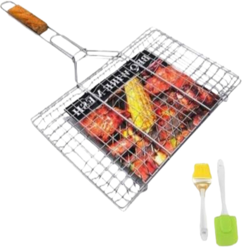 CLVMART Stainless Steel Portable Barbecue Grill Net Basket Roast with 2 Spatulas Charcoal Grill