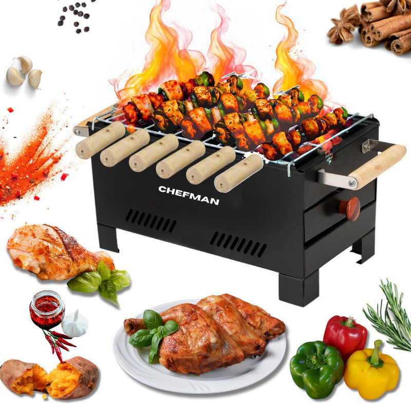 Chefman Charcoal Barbeque Grill | Heavy-Duty Iron Body | 6 Skewers & Grill | Portable BBQ for Outdoor, Camping & Home | Smokeless Charcoal Cooking | Easy Ash Cleanup | Perfect for Grilling & Roasting Charcoal Grill