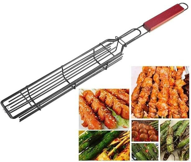 JENY Kebab Steel Baskets Foldable Non-Stick Grill Baskets for Outdoor Vegetable Fish Chicken Charcoal Grill