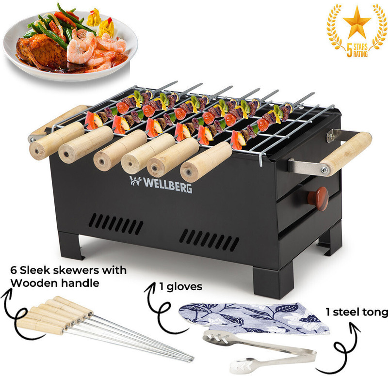WELLBERG Coal BBQ Griller, Sturdy Iron Body, 6 Skewers, Easy to Use for Outdoor Cooking Charcoal Grill