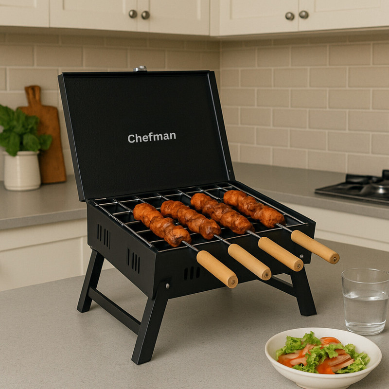 Chefman Foldable Iron Outdoor Barbeque Grill | Portable Charcoal BBQ with Airflow Vents, Skewer Support, Heavy-Duty Frame & Powder-Coated Exterior for Balcony, Yard, Picnic & Tandoori Barbeque Charcoal Grill