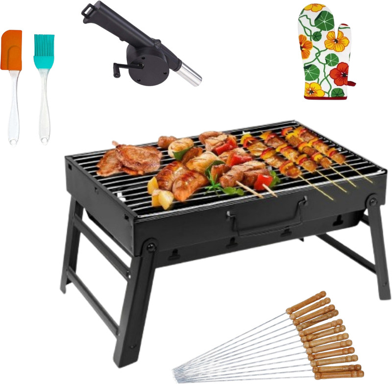 Rexmon Portable Charcoal grill Folding BBQ with 12 skewers , A pair of gloves , Air Blower & 2 spatulas Charcoal Grill