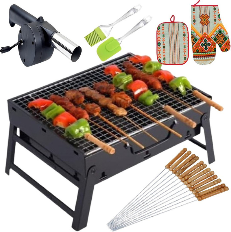NYTK RETAIL 2025 Foldable Barbeque With - 2 Spatula,1 Bbq, 10 Stick & 1 Air Blower Charcoal Grill(Foldable)