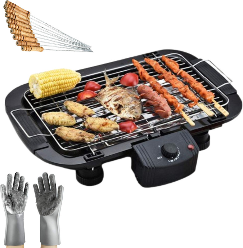 CLVMART Portable Electric Grill BBQ , Easy to Use with Silicon Gloves & 12 Skewers Electric Grill