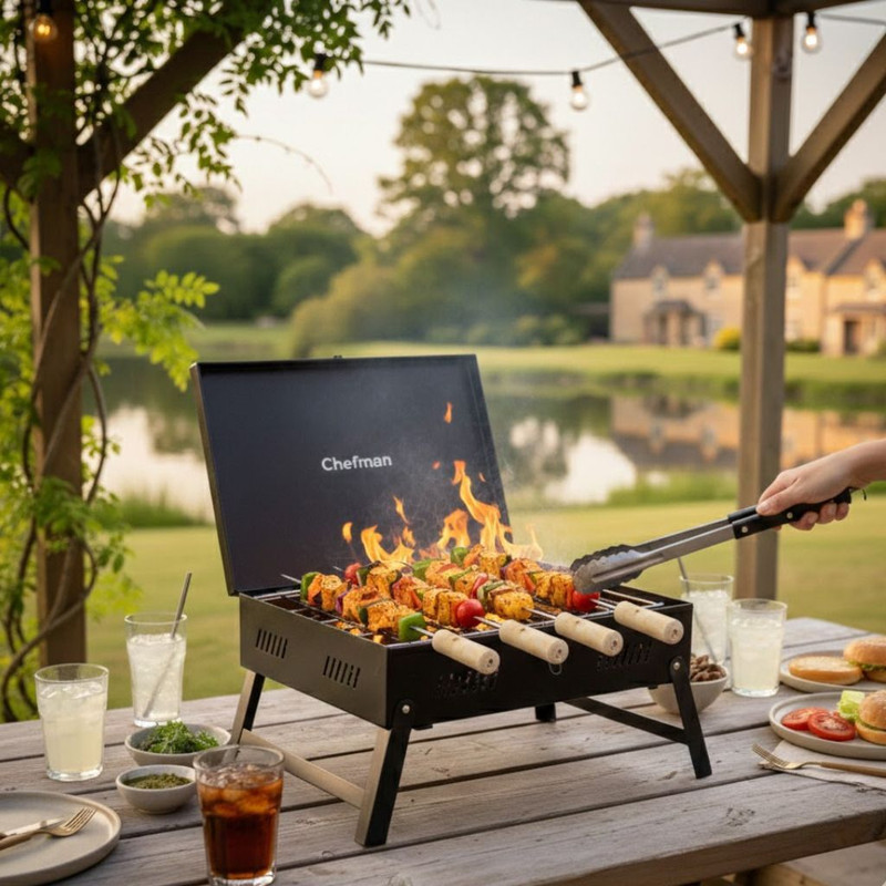 Chefman Briefcase Style Barbecue Griller with Foldable Legs, Portable & Compact Design with 5 Skewer Charcoal Grill(Portable, Foldable)